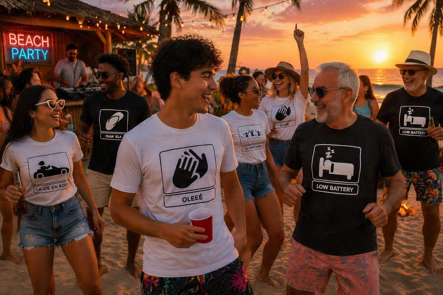 Grupo de amigos bailando en una fiesta de playa con camisetas Icon
